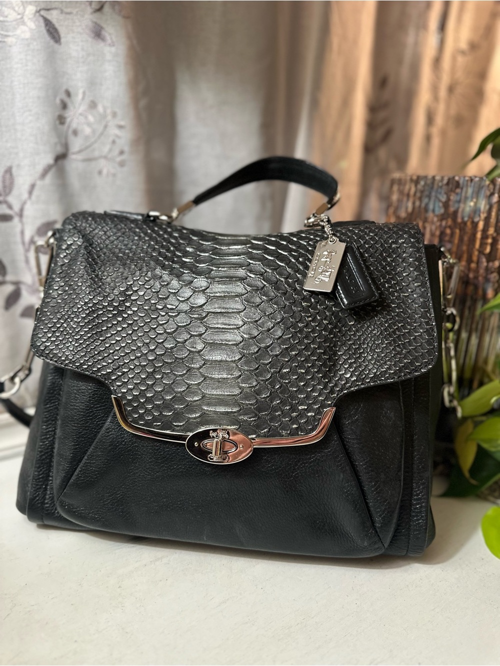 Coach Black Leather Python-Embossed Madison Flap Satchel - Picture 12 of 12